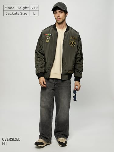 Image of The Souled Store Bomber Jacket: Souled Army Men and Boys Long Sleeves Band Collar Zipper Front Olive Embroidered Polyester Oversized Puffer Jackets