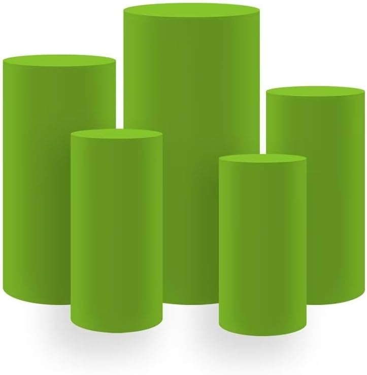 KONPON 5pc Grass Green Cylinder Pedestal Display Stands Covers for Birthday Parties, Elastic Cloth Table Covers for Plinth Cover (Only Covers Cylinder Pedestal Stands Excluded)