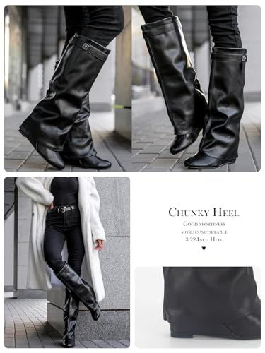 Image of Fold Over Boots Women's Knee High Shark Boots Round Toe Wedge Heel Flat Shoes for Fall Winter Dress Shoes