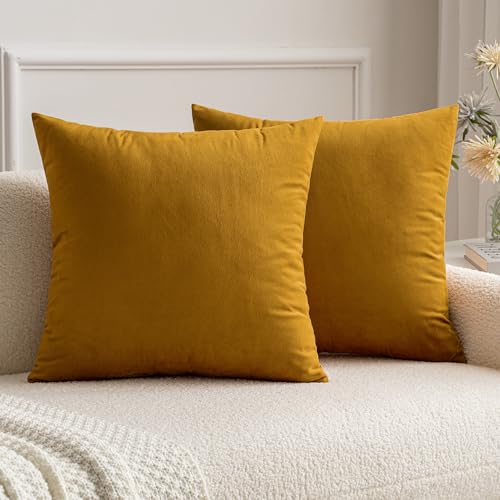 MIULEE Velvet Soft Soild Microfiber Decorative Square Pillow Case Throw Cushion Cover for Sofa Bedroom with Invisible Zipper 16x16 Inch 40x40cm Mustard Yellow Set of 2 Lined