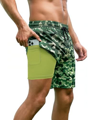 Arolina Mens Bathing Suits Swim Trunks Compression Liner 7 Inch Zipper Pockets Board Shorts Swimwear Camo 2XL