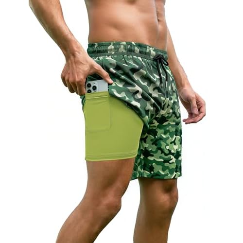 Arolina Mens Swim Trunks with Compression Liner 7 Inch Quick Dry Board Shorts Bathing Suits Swimwear Small Green Camo