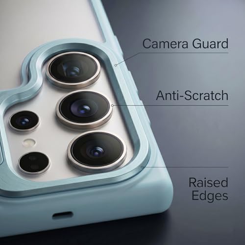 Image of amazon basics Frosted Matte Case for Samsung Galaxy S24 Ultra 5G | Built-in Flip-Out Camera Lens Stand | Translucent Back with Contrast Blue Bumper | Shockproof Protective Cover