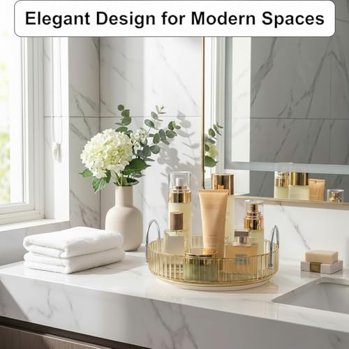 Image of JD FRESH 360 Degree Rotating Makeup Organizer 1 Layer Cosmetic Storage Box Vanity Stand with Drawers for Lipsticks Skincare Perfume Bathroom Countertop Dressing Table Organizer (Light Gold)