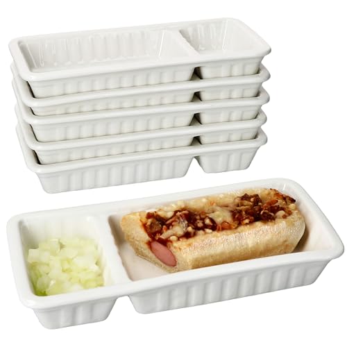 MamboCat 6er Set Frikandelschalen weiß aus Porzellan I (LxBxH) 20x9,5x3,3cm I Servierschalen mit 2 Bereichen für Soße & Beilagen I für Frikandel, Buletten, Nuggets, Nachos & Snacks