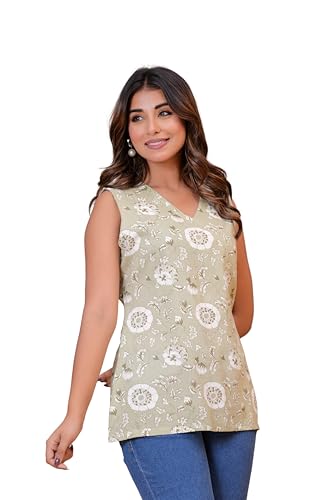 Image of MANHAREE Women's Cotton Floral Printed Short Kurti Top | V-Neck 3 /4 Sleeve Ethnic Tunic for Jeans | Casual Summer Wear Kurta for Women and Girls