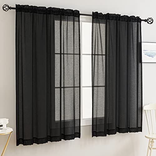 Image of Sheer Curtains for Windows, Window Treatments Semi Crinkle Curtains, Rod Pocket Sheer Privacy Curtains 63 inch Length 2 Panels Set for Living Room Bedroom Kitchen Babyroom Set of 2, 52 inchx 63 inch, Black