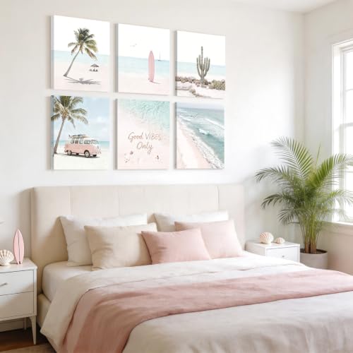Image of CHDITB Beach Framed Canvas Wall Art,Pink Coastal Palm Tree Surf Decor