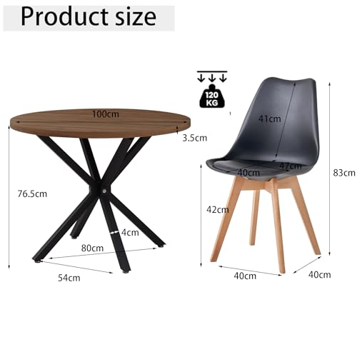 Miniatura 2 de Grandca Home - Juego De Comedor Con 4 Sillas, Mesa Redonda De Madera De 100 X 100 X 75 Cm, 4 Sillas De Respaldo Alto, Patas De Madera De Haya Marrón Oscuro Y Negro