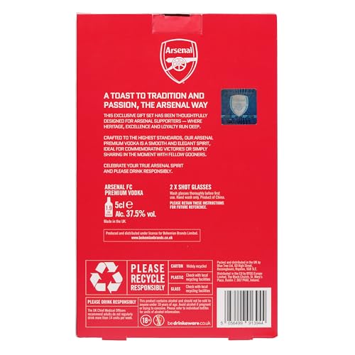 Arsenal F.C. Vodka & Shot Glass Gift Box – 2 x 5cl Miniatures and 2 Branded Glasses – Suitable Gift for Football Fans by Blue Tree Gifts