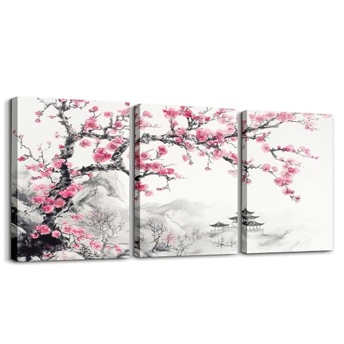 Erosebridal Japanese Flower Canvas Wall Art Cherry Blossom Wall Decor Pink Floral Pictures Prints For Bedroom Bathroom,Ink Painting Framed Posters Paintings 3 Piece 12"X16"
