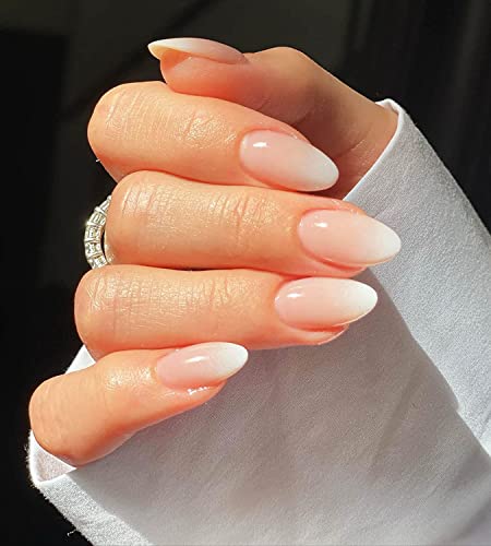 JUSTOTRY 24 Pcs Gradient Almond Short False Nails,White Nude Solid Press on Nails Pattern,Glossy Fake Nails Short,French Oval Medium Stick on Nail for Women and Teens Nail Art