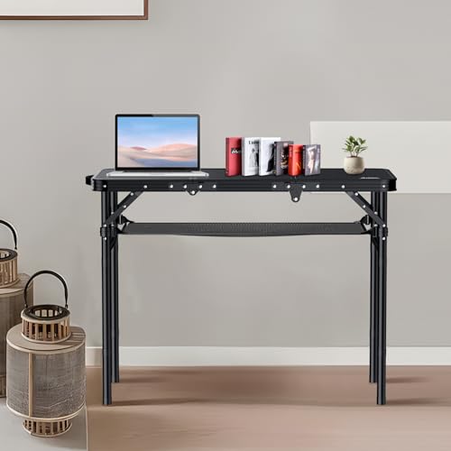 Anbte Folding Camping Table Garden Side Table 3 Adjustable Heights Aluminum with Picnic Net Balcony/Barbecue/Coffee - Black - Image 8