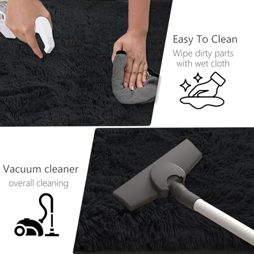 Tapis salon lavable noir shaggy pour couloir et chambre