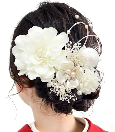 [Baramoly] 髪飾り 成人式 和装小物 卒業式 結婚式 和装 着物 袴 振袖 ダリア プリザーブドフラワー かすみ草 あじさい ヘアアクセサリー 水引 ヘッドパーツ 専用ケース付き ホワイト DA1003 - Baramoly - 商品画像