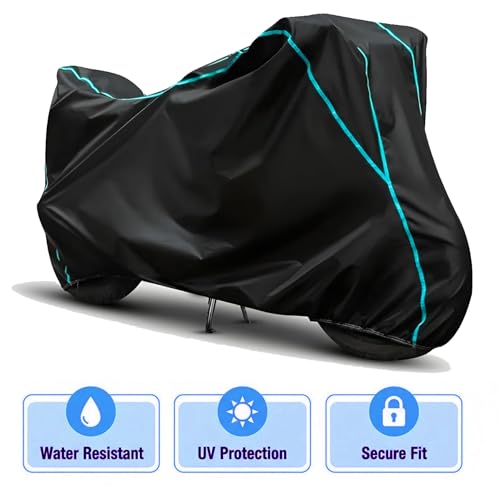 Image of Waterproof Bike Body Cover Compatible for | Indus Crux S Base | Taffeta Fabric, Sky Piping Design, Bottom Elastic Fit | Dustproof, Sun UV & Rain Protection for All Weather.