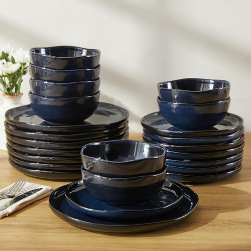 Image of Pokini 24 Piece Ceramic Dinnerware Sets for 8, Starry Blue Reactive Glaze | Unique Coastal Edge for Holiday Gatherings, Thanksgiving, Dinner Parties | Microwave & Dishwasher Safe Stoneware Dish Set