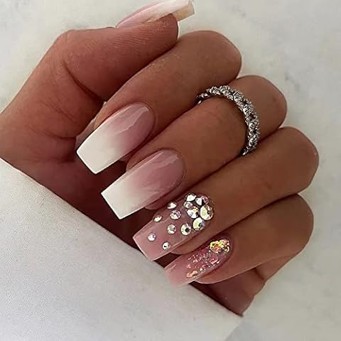24 Pcs Press on Nails Long, Luvehandicraft Coffin Ombre Fake Nails with Crystals, False Nails with Nail Glue on Nails for Women and Girls (Long Pink White Ombre with Crystal) Cover