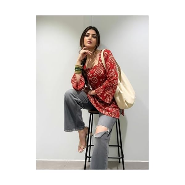 anni designer womens viscose blend printed short kurti straight fit casual ethnic top square neck full sleeve kurta office college