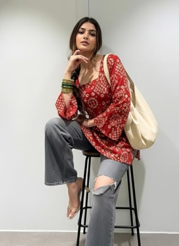 Image of ANNI Designer Women's Viscose Blend Printed Short Kurti | Straight Fit Casual Ethnic Top | Square Neck Full Sleeve Kurta Office College