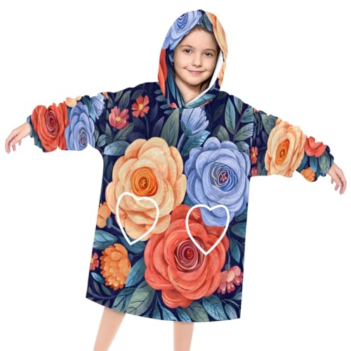 Wearable Blanket Hoodie for Kids, Colorful Floral Fleece Sweatshirt Blanket Oversized Blanket Sweatshirt with Pocket Flannel Warm Hooded Blanket 6-10 Year Old Girl Boy Gift, One Size