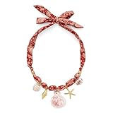 Unique Ocean-Inspired Necklace: Stylish boho shell scarf necklace featuring a red and white silk-style scarf chain with marine-themed charms including starfish, seashell, and conch shell pendants for a fresh, beach-ready summer look Adjustable Hand-T...