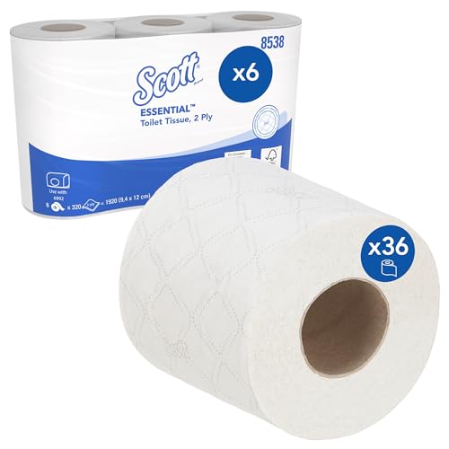 Image of Scott Essential Toilet Paper 8538 – 2-Ply White Standard Rolls, Soft & Strong, FSC Certified – 6 Packs x 6 Rolls, 320 Sheets Each (36 Rolls / 11,520 Sheets Total)
