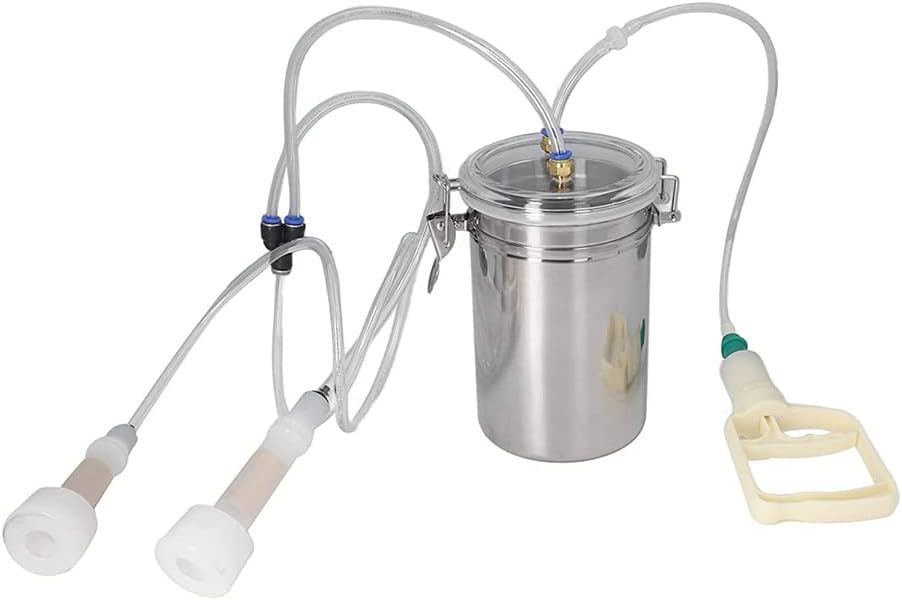 Manual Milking Machine Kit, 4L Portable Stainless Steel Impulse Milking Device Machine Vacuum Pump Bucket Milker with Bottle for Sheep Goat Cow Manual Milker for Farm Household (For sheep)