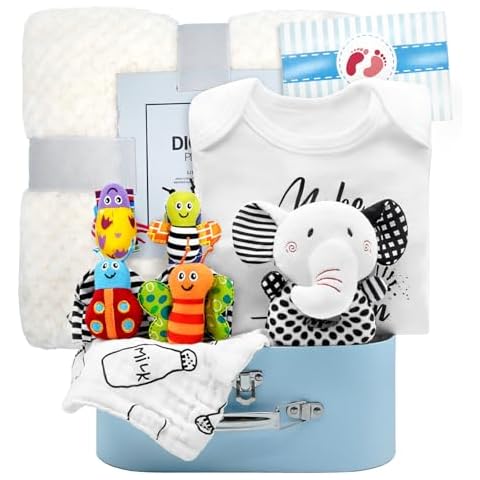 Baby Gift Basket Baby Shower Gifts for Boys Girls 10Pcs Baby Gift Set for Newborn, Baby Boy Gifts for Baby Shower Baby Gifts Gender Neutral Baby Items for 036912 Months(Onesie Blanket Rattles Bib) Cover