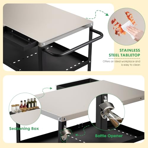 Image of Outdoor Grill Cart Table,Indoor and Outdoor Pizza Oven Table,with 4 Movable Total Lock Casters, Hooks, Side Handle Multifunctional (Black) (Stainless Steel)
