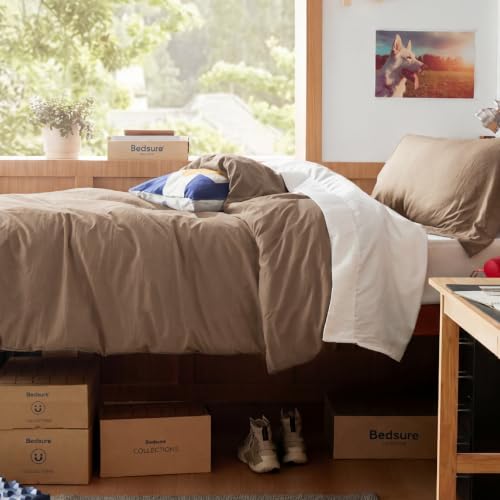 Image of Bedsure Prewashed Twin /Twin XL Duvet Cover, Cotton-Like Bedding Set, Brown | Ultra Soft, Relaxed Texture, Twin XL Breathable Comfort, Hidden Zipper, 8 Corner Ties, Easy Care, OEKO-TEX, Year-Round Use
