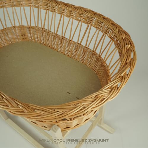 Miniatura 5 de Wiklinopol Moisés Bebé Oliwia Ii Minicuna De Mimbre Con Soporte De Madera Set Completo Con Colchón Y Ropa De Cama De Muselina Beige, Transpirable, Lavable E Hipoalergénica