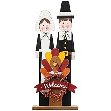 Glitzhome 36H Thanksgiving Wooden Pilgrim Couple Porch Decor - Solid Wood Turkey Welcome Standing Decor for Fall Harvest Autumn, Rustic Welcome Farmhouse Turkey Decor, Indoor/Outdoor Use