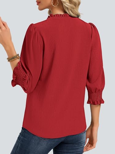 Funlingo Women Blouses Dressy Casual V Neck 3/4 Length Sleeve Womens Tops Boho Lace Crochet T Shirts Beach Vacation Spring Clothes 2026 Red 2XL — view 4