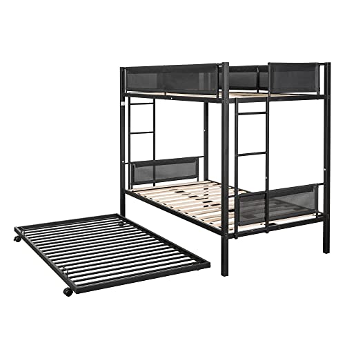 Tmsan Twin Over Twin Bunk Bed Frame With Trundle, Heavy Duty Metal Triple Beds With Two Side Ladders And Guard Rails, 3 Beds For Kids Adults #TOP6