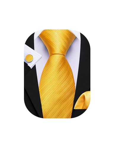Image of Barry.Wang Solid Striped Tie for Men Silk Necktie Pocket Square Cufflinks Formal Wedding Party Business
