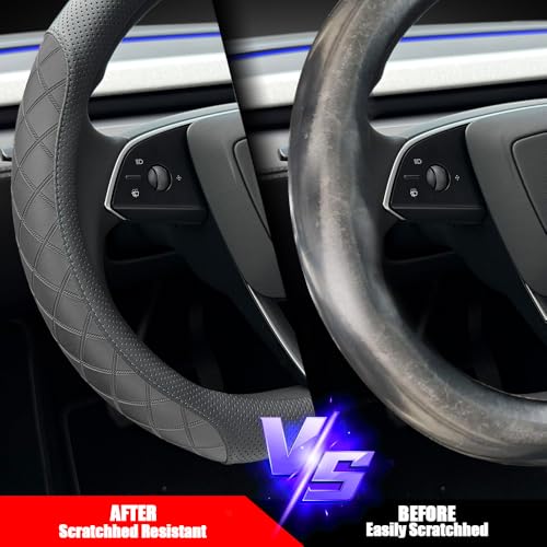 LKWLIKEI Leather Steering Wheel Cover. Elegant Diamond Checkered Design, Non-Slip and Breathable, for Tesla Model 3/Y Steering Wheel Protector,Black by LKWLIKEI - Used condition - Image 5