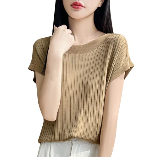 KBOPLEMQ Jersey para mujer, cuello redondo, mangas de vaca, parte superior, estructura informal, blusa, jersey, manga corta, imitación de cachemira, elegante, primavera, blusa, cuello redondo, O Khaki