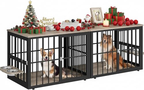 77.6" Large Corner Dog Crate Furniture for 2 Dogs, Steel Frame Dog Crate with Double Doors & Bowls & 3 Doors, Large Double Dog Crate Furniture TV Stand for Medium Large Dogs, Grey
