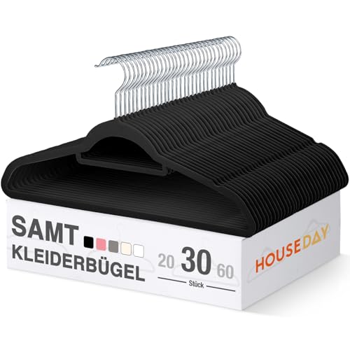 HOUSE DAY Kleiderbügel Samt, 20, 30, 60er Set, Premium Bügel, Kleiderbügel Platzsparend und rutschfest Samtbügel mit 360° drehbarer Haken für Hemden, Anzüge, Grau, Schwarz, Weiß