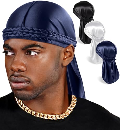 Babalet 3PCS Durag for Men Women, Unisex Smooth Silky Elastic Satin Dorag, Breathable Soft Do Rag for 360 Waves, Nourishing Hair Fashion Outfits with Extra Long Strap Satin Doo Rag