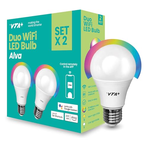 VTA+ Smart Light LED Bulb Kit x2 E27 RGB - WiFi 2.4Ghz only Alexa and Google Home Compatible Adjustable Colors & Temperature Easy Installation and Setup 9W 800 Lumens