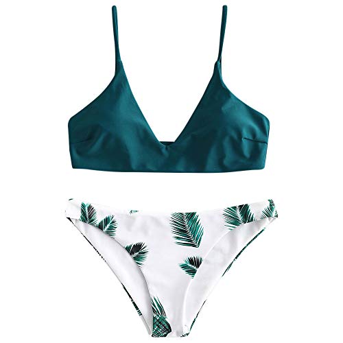 Zaful Bikini acolchado push-up para mujer con diseño de hojas azul pavo...