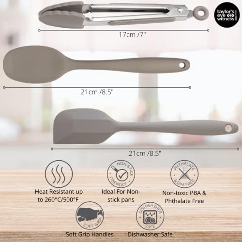 Taylors Eye Witness Grey Silicone Spoon, Spatula and Tongs Set - Dishwasher Safe. Sturdy Build, Non-Scratch Heads. Handy Utensil Kitchen Tool Trio. Odour, Stain & Heat Resistant. 5 Year Guarantee.