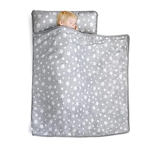 Moonsea Toddler Nap Mat with Pillow and Fleece Minky Blanket, Soft Microfiber Nap Mat for Preschool, Daycare, Travel Sleeping Bag, Rollup Design, Grey Stars-43×21 Inches, Fit on Toddler Size Nap Cot