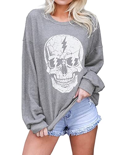 Vimpunec Womens Crewneck Sweatshirts Oversized Aesthetic Clothes Skeleton Graphic Pullover Tops Light Gray #TOP4