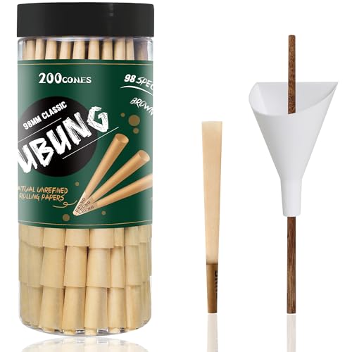 UBUNG Brown Cones 200 Pcs Brown 98 mm Special Size Pre Rolled Cones With Tips 98 mm Slow Type Brown Rolling Paper Cones Including 1 Cone Loader Funnel And 1 Push Rod