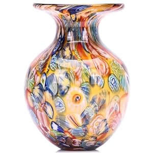 Yellow Orange Round Glass Vase,Modern Art Sea Glass Decor with Colorful Petal Decorative for Home Decor,Hand Blown Stained Vase for Flowers Living Room Dining Tabletop Centerpiece Office Decor