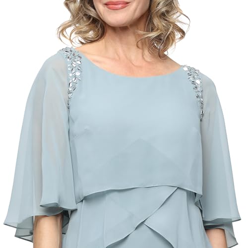 Image of S.L. Fashions Women's Tiered Chiffon Cocktail Party Dress with Attached Cape & Beaded Shoulders (Petite and Regular Sizes)