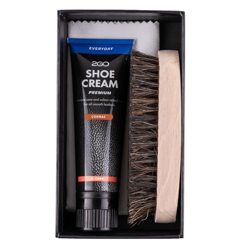 2GO Schuh-Reinigungsset für Leder Reborn Leather Kit mit Schuhcreme, Reinigungsbürste & Mikrofasertuch, Cognac 80ml